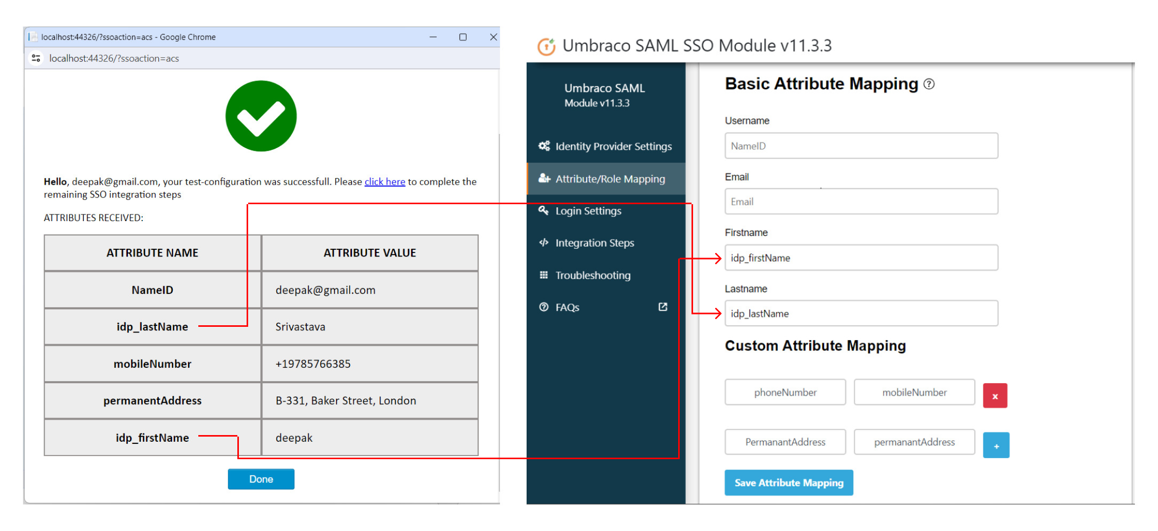 Umbraco SAML Single Sign-On (SSO) - Umbraco SAML SSO - SAML for Umbraco - Image of Attribute Mapping section