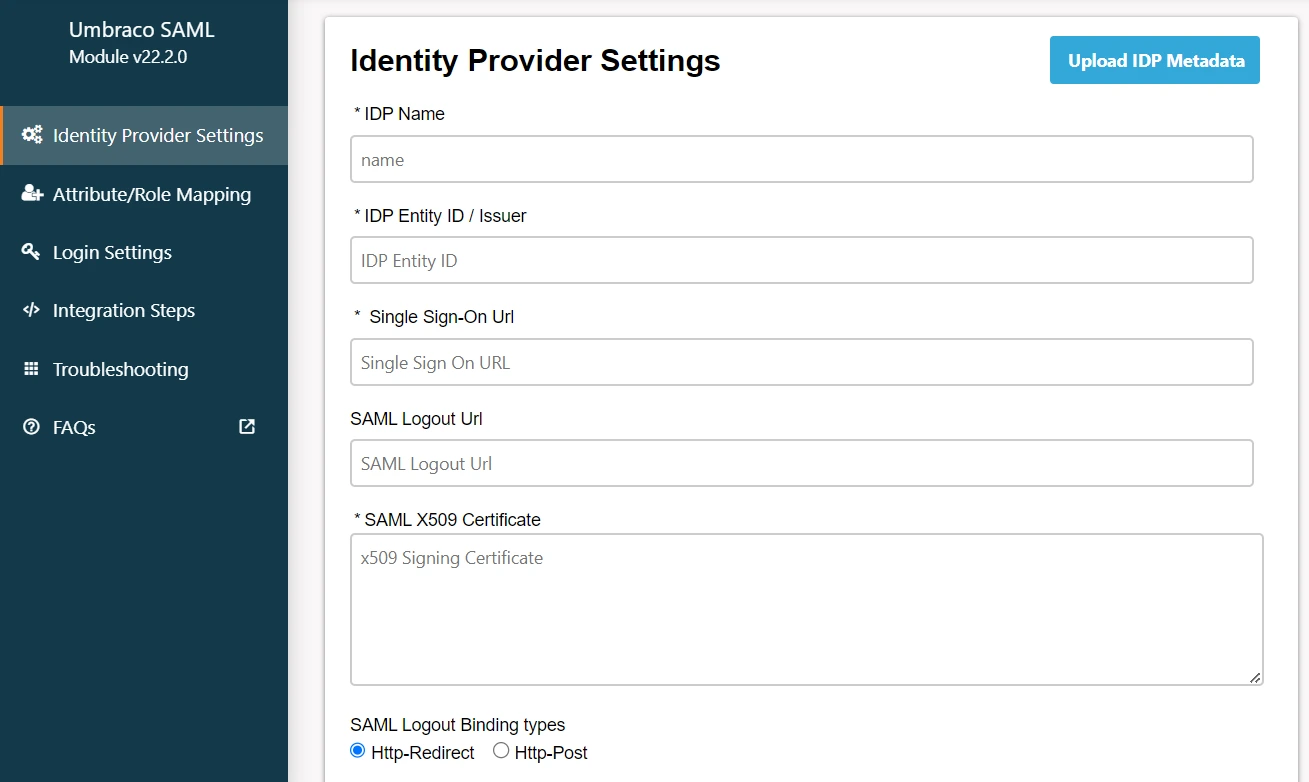 Umbraco SAML Single Sign-On (SSO) - Umbraco SAML SSO - SAML for Umbraco - Image of manual configuration