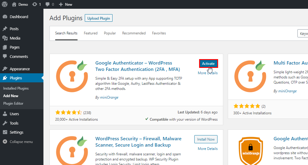 Activate plugin-> miniOrange Two-factor