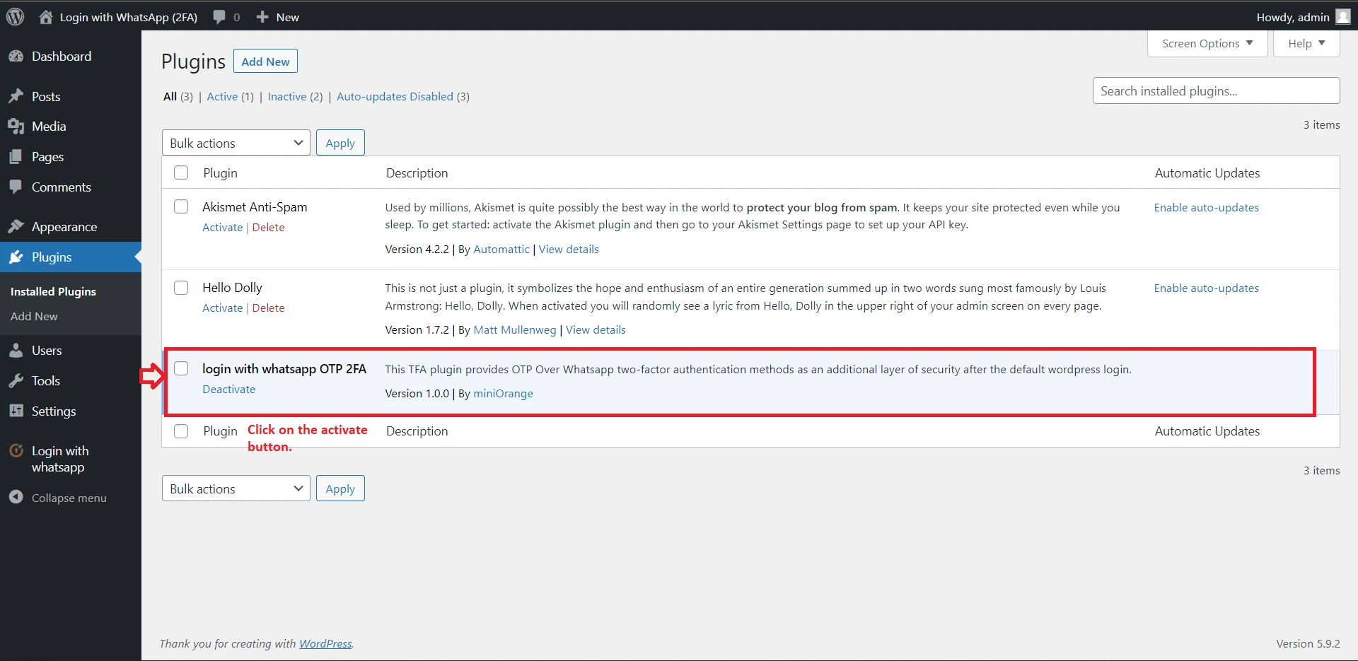 Click on miniOrange-2fa plugin