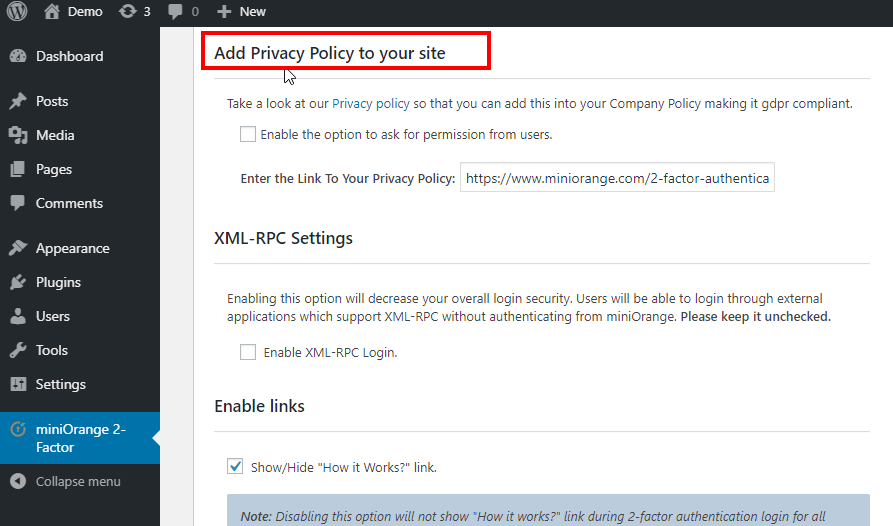 login setting tab >> privacy policy