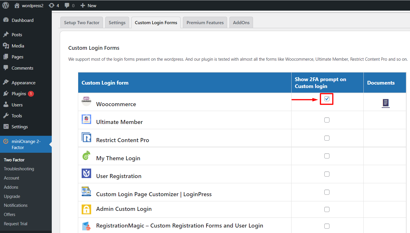 Login form Integration Tab