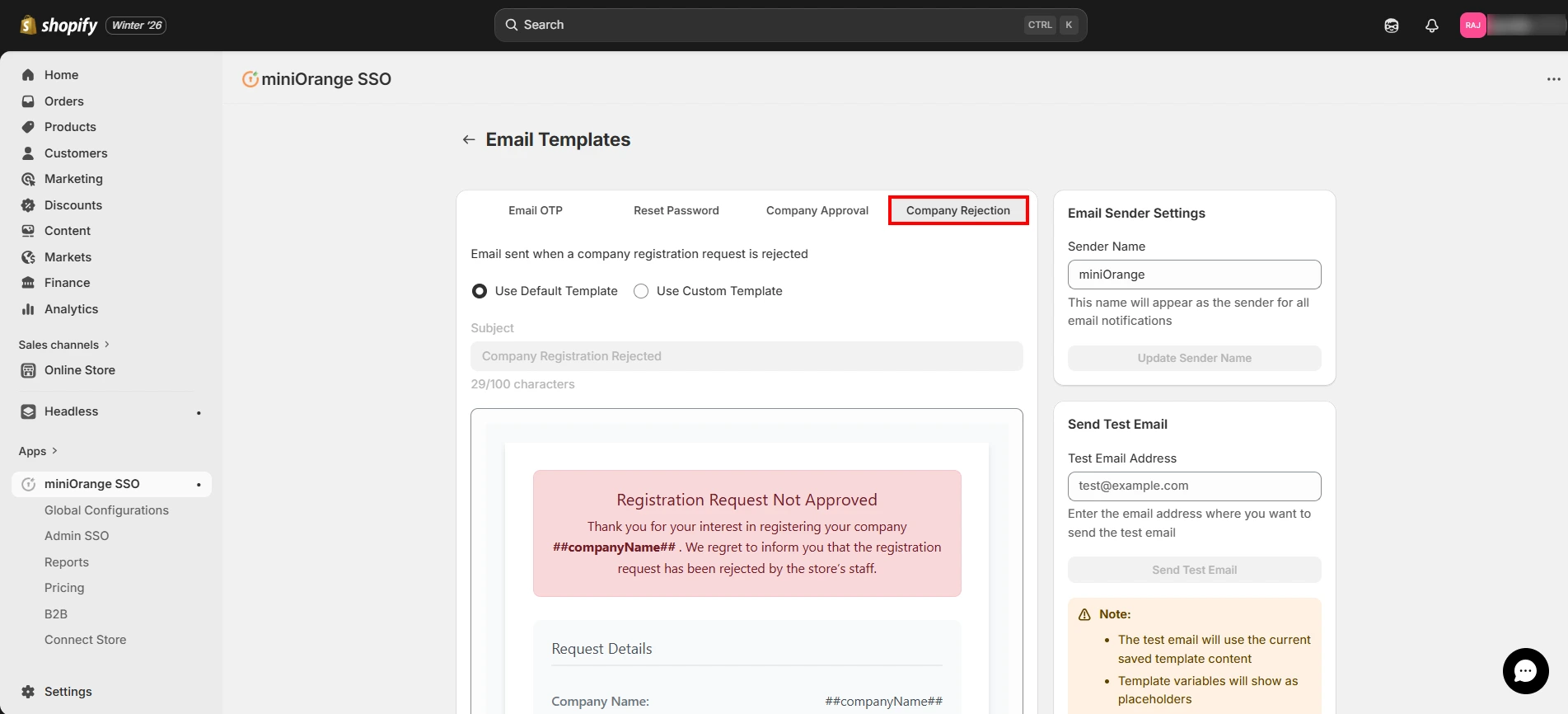 Customize Company Rejection Template