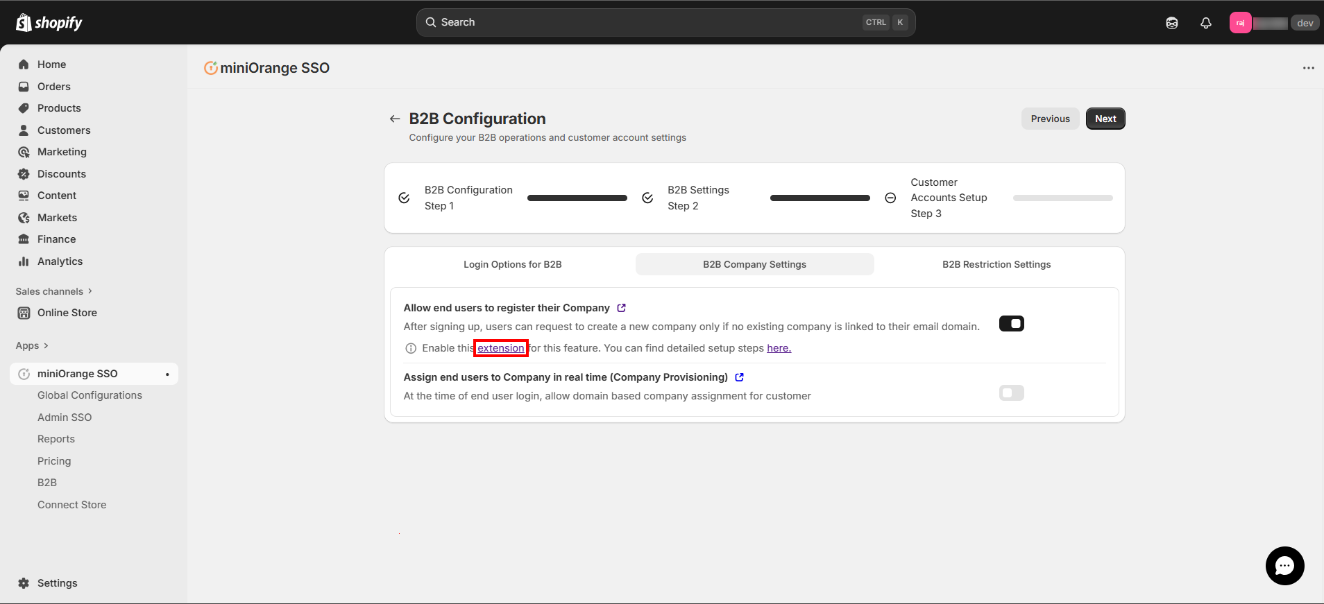 Enable Extension for Allow Users to Register Their Company