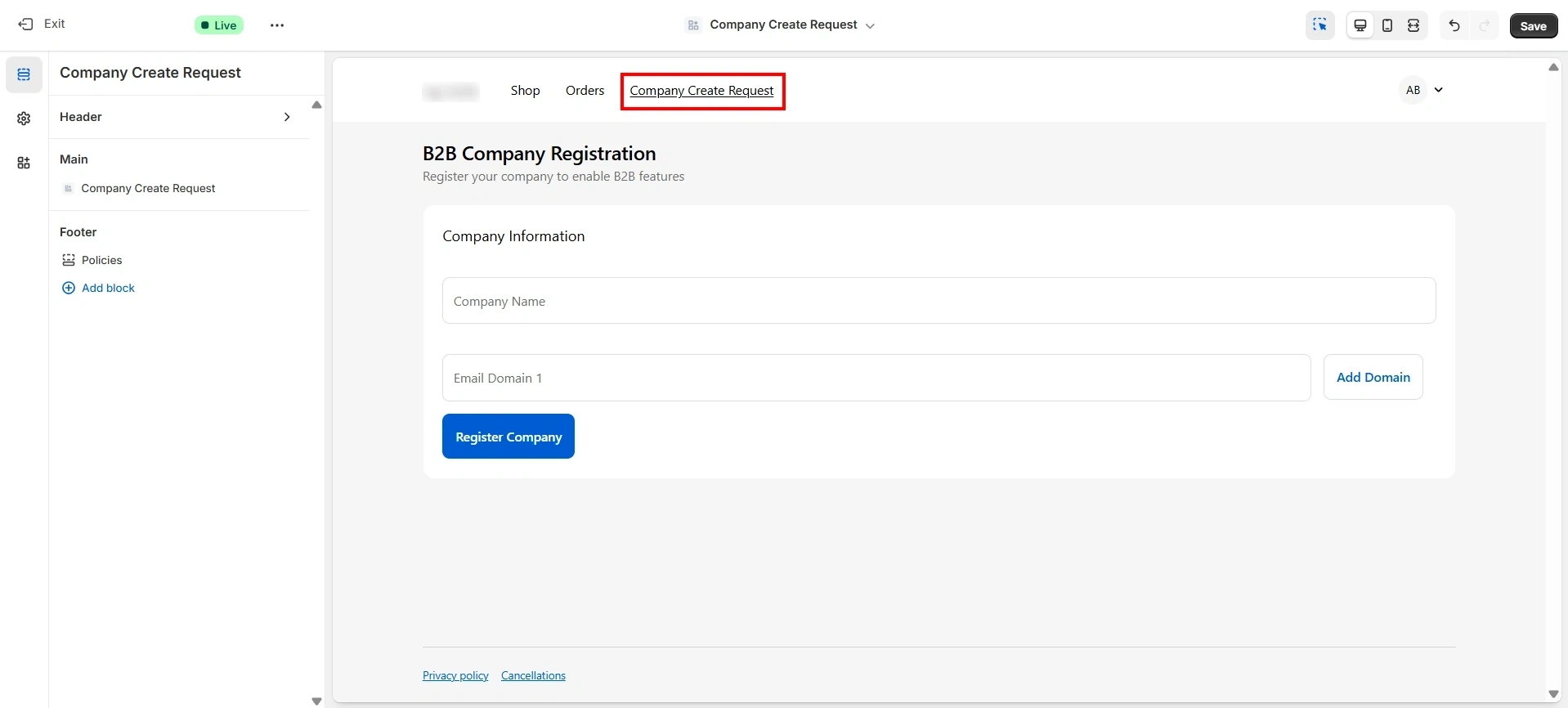 Save B2B Registration Form