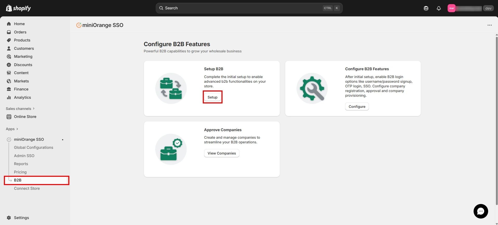 In Setup B2B, Click Setup
