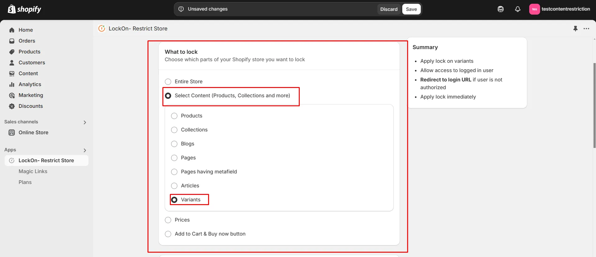 Select Product Variants to Lock