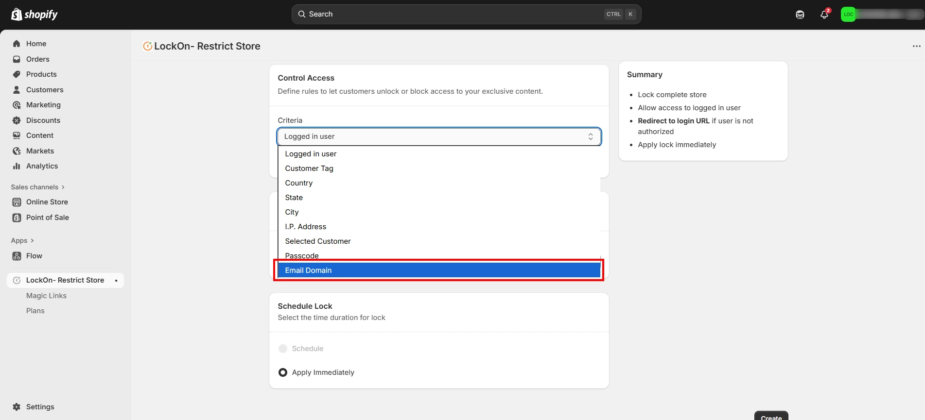 Select Criteria as Email Domain