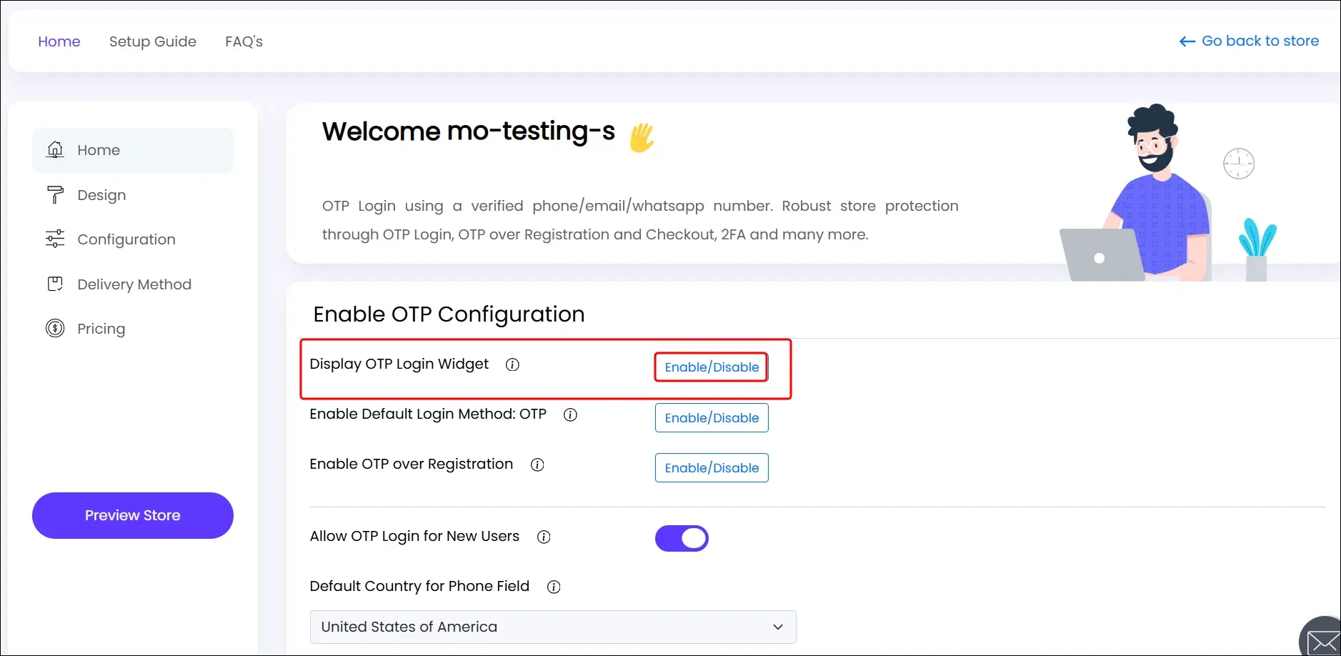 Enable Display OTP Login Widget