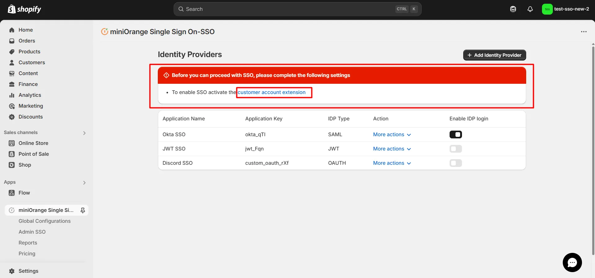 enable SSO for customer account extension
