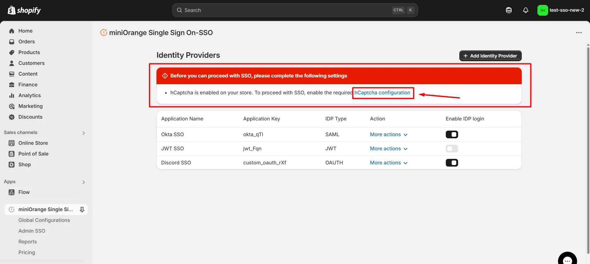 Enable SSO with reCAPTCHA warning box