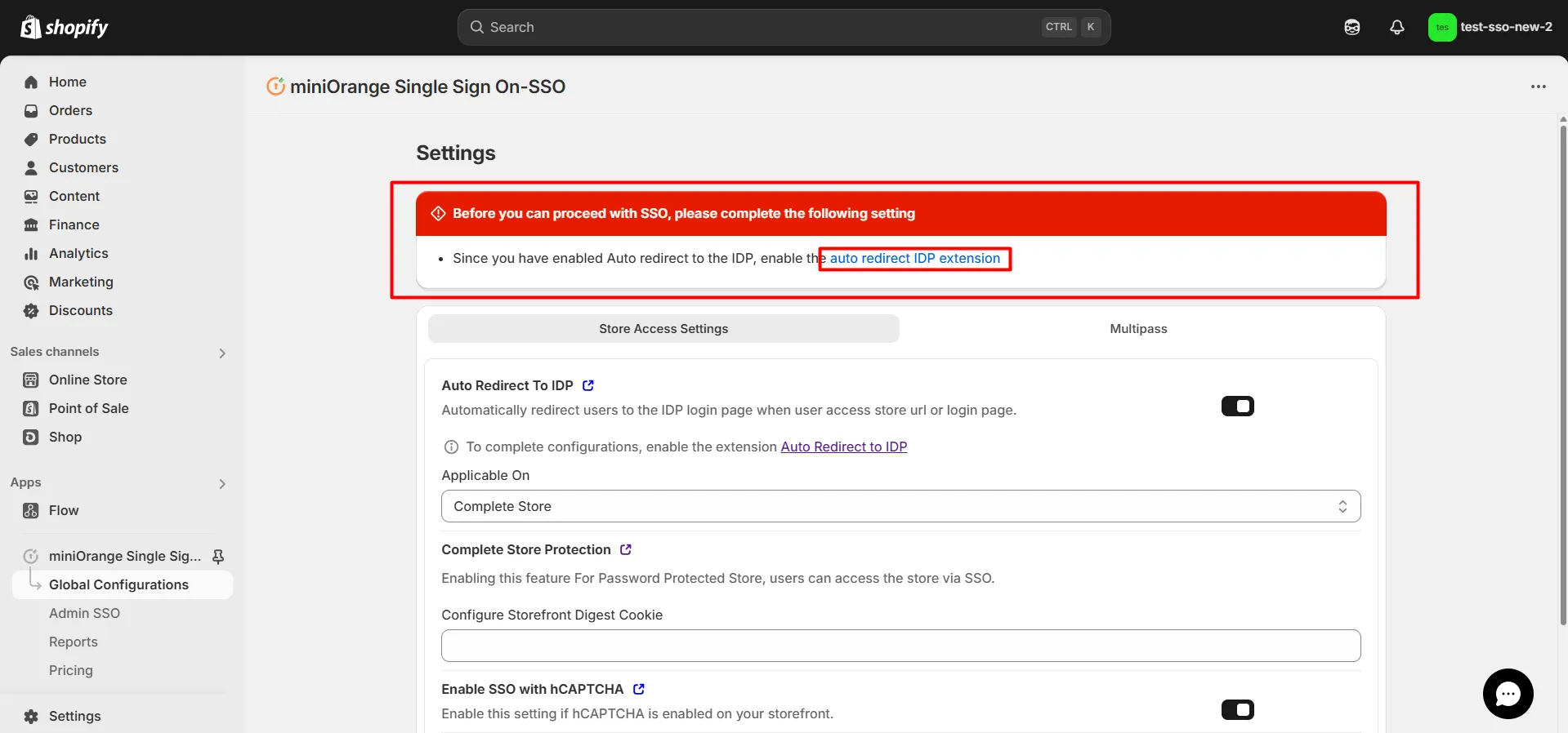 warning box to enable the auto redirect IDP extension