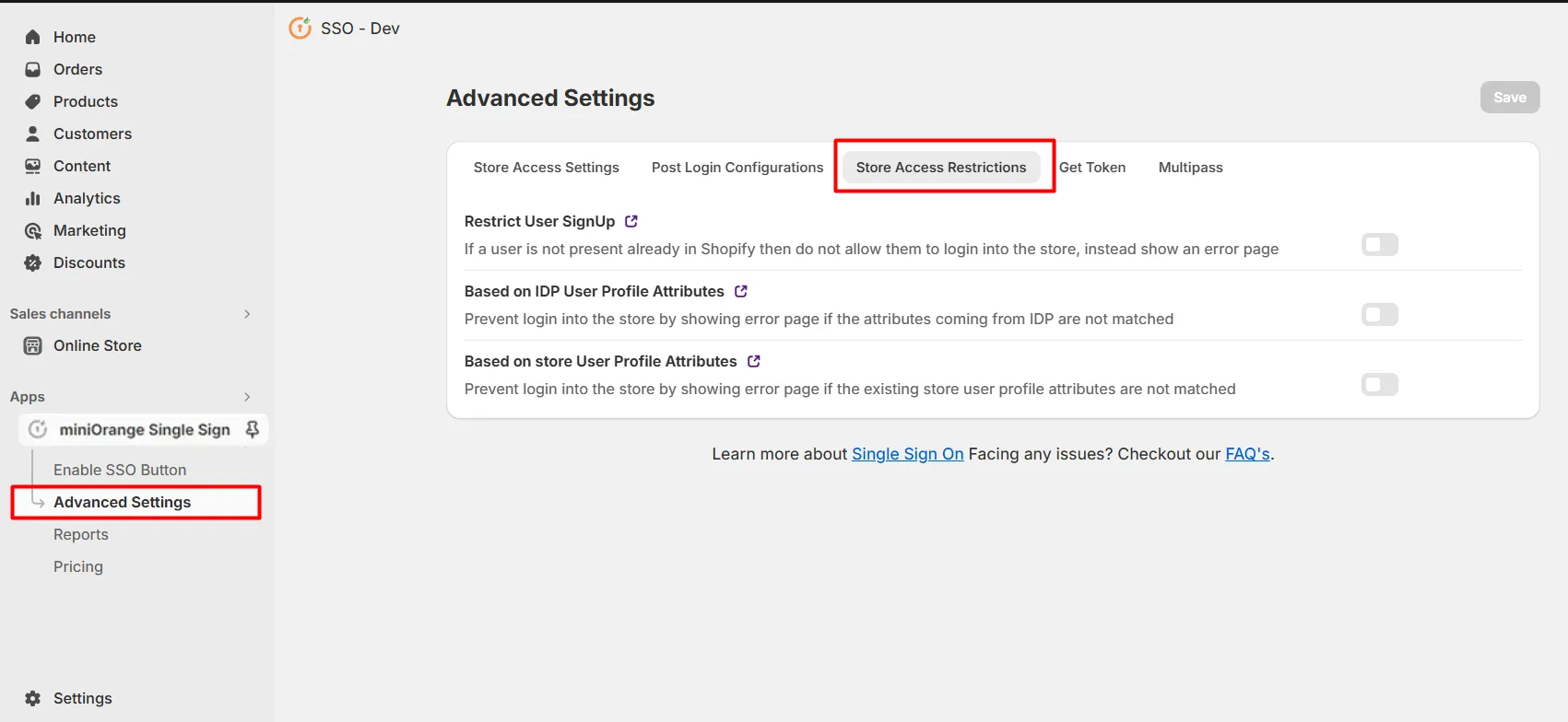 Shopify SSO Application - Advance Settings