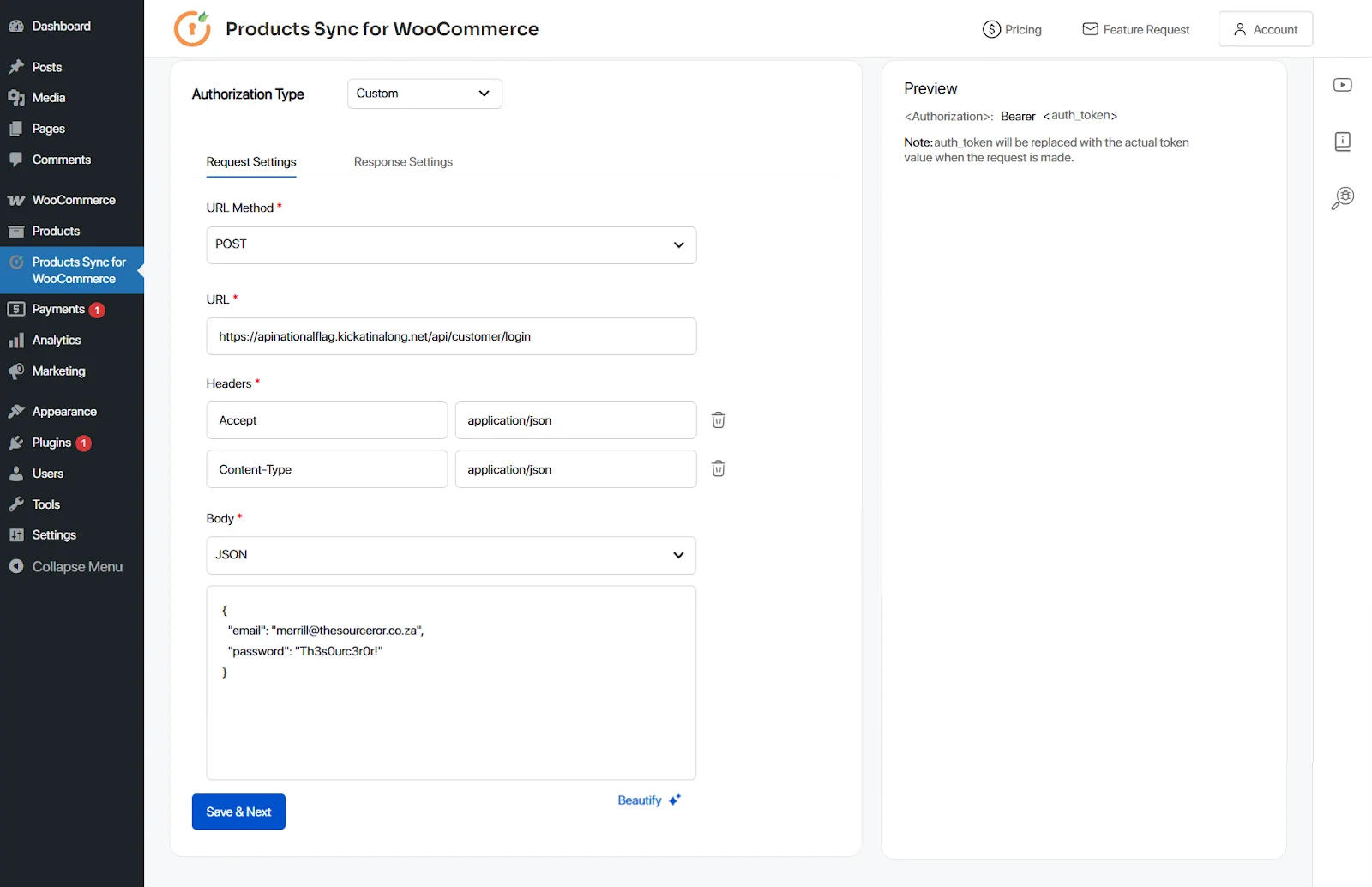 woocommerce sync authorization request settings