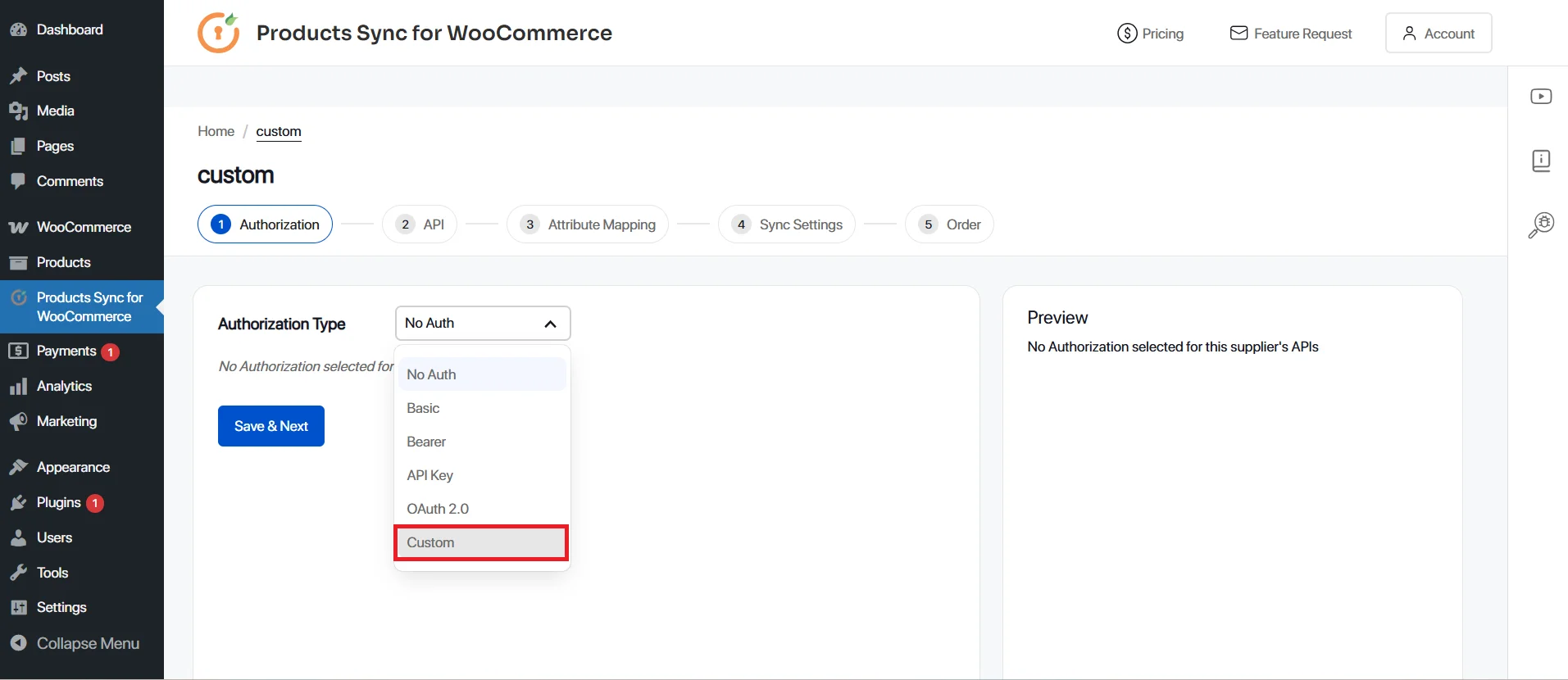 woocommerce sync authorization select custom