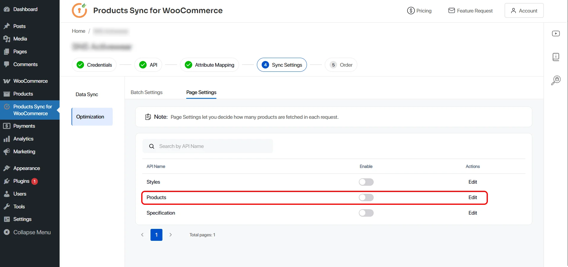 woocommerce sync page settings enable pagination