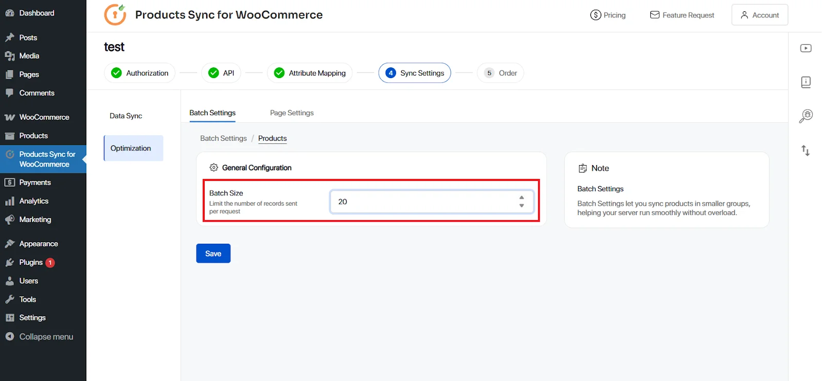 woocommerce sync Batch Settings