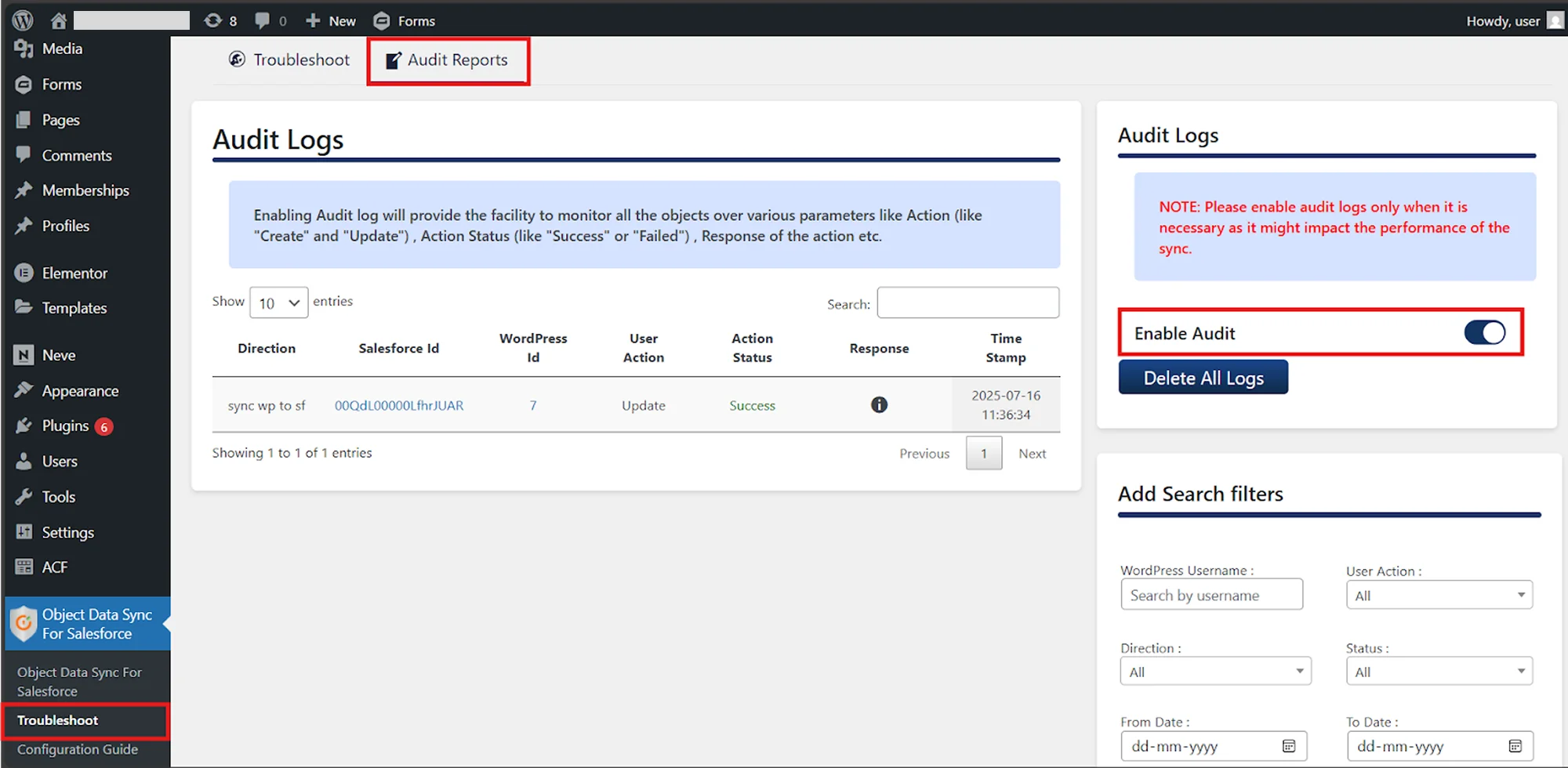 Enable Audit Log toggle