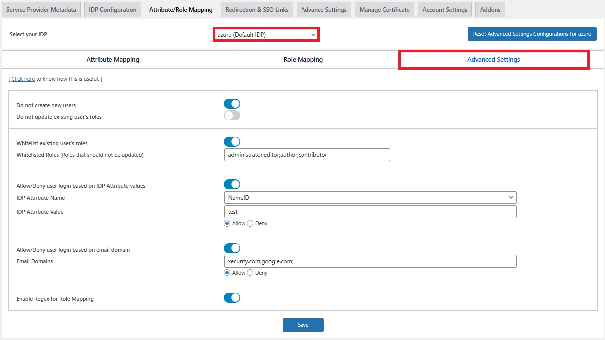Advanced Settings with Specific IDP