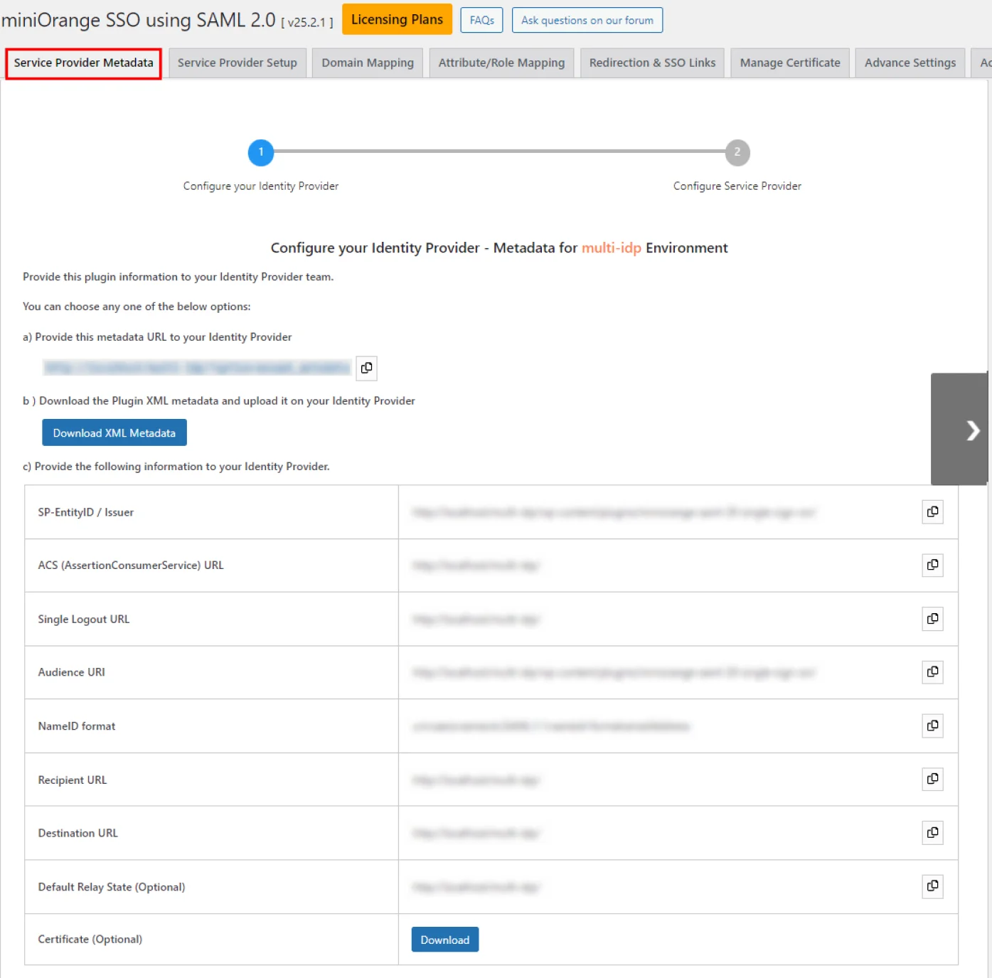 Service Provider Metadata tab - Developer Docs
