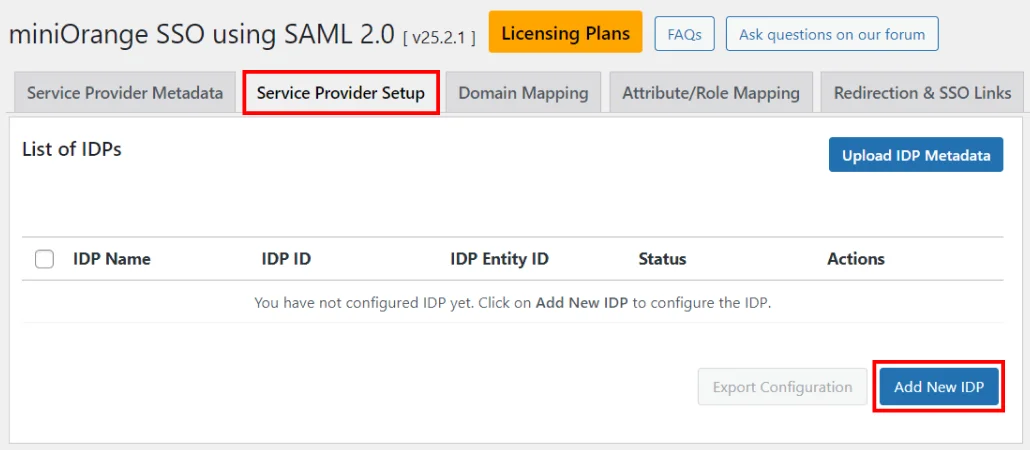 Service Provider Setup tab - Add New IdP - Developer Docs