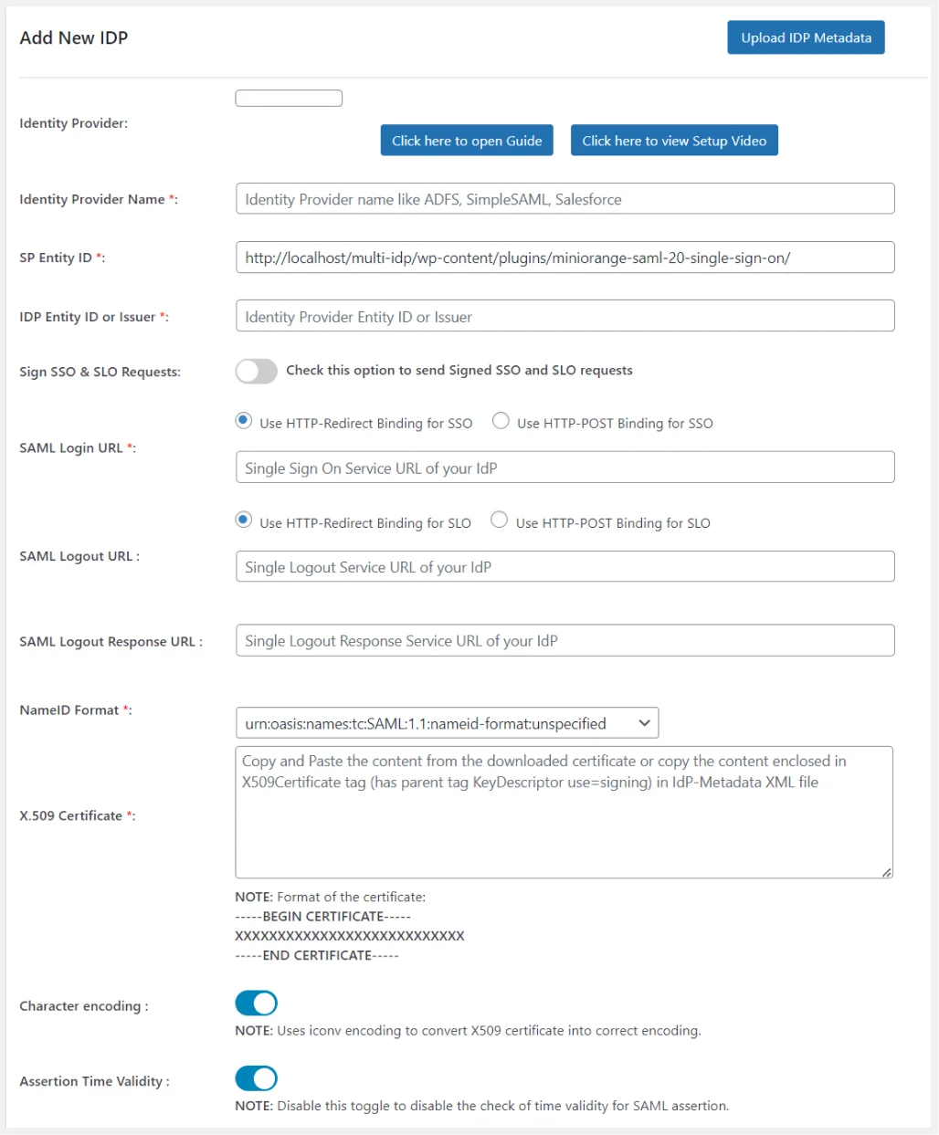 Service Provider Setup tab - Add New IdP - Developer Docs